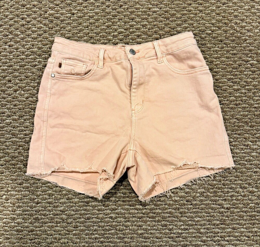 Judy Blue Los Angeles Women's Pink Cut Off Denim Shorts L Mid Rise Pockets